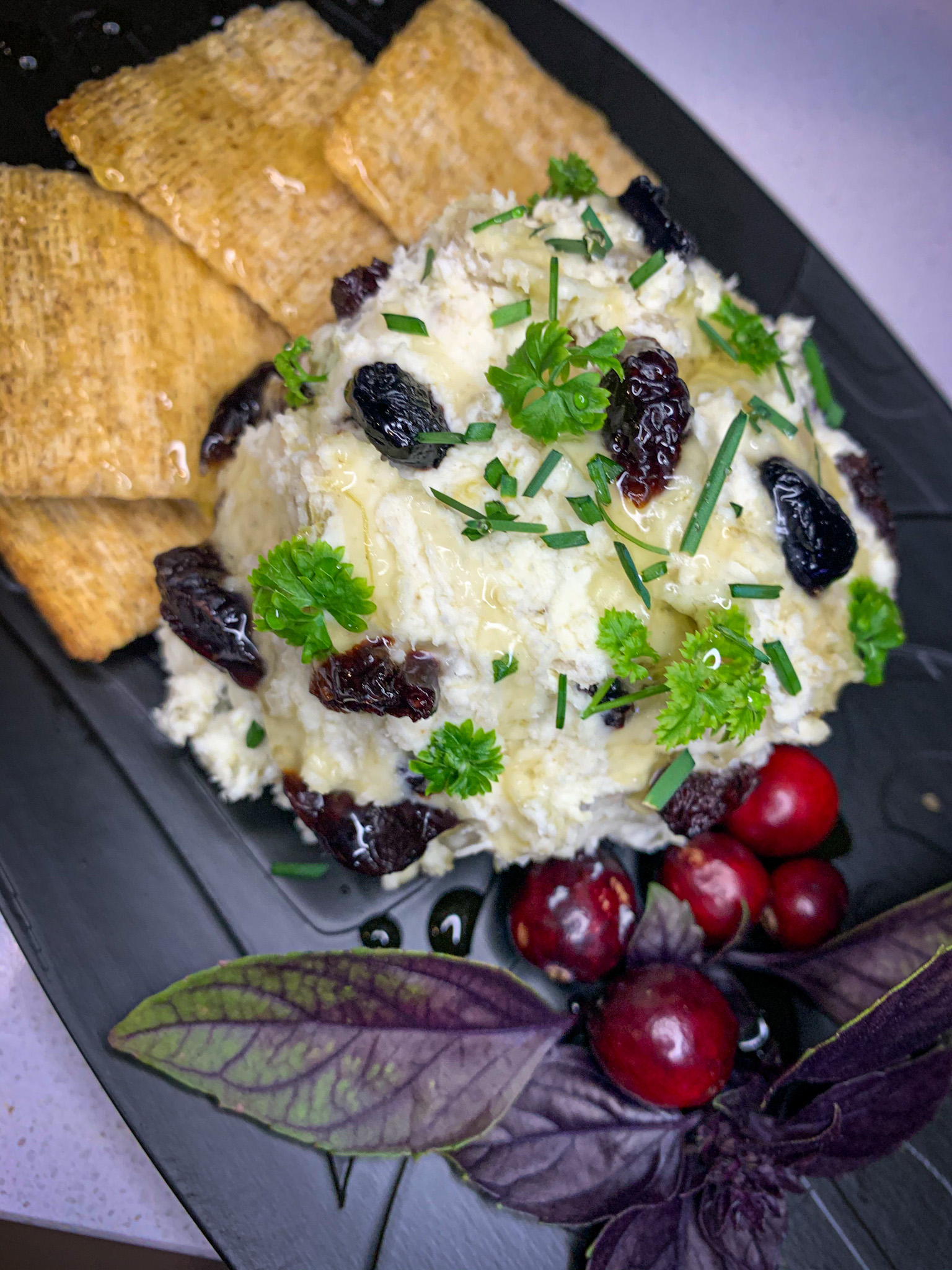 Honey Lemon Artichoke Dip with Dried Cherries