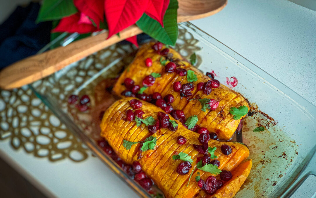 Hasselback butternut squash with roasted cranberries and brown sugar honey butter