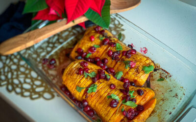 Hasselback butternut squash with roasted cranberries and brown sugar honey butter