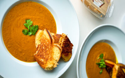 Roasted Bell Pepper and Butternut Squash Soup with Pimento Grilled Cheese on Fresh Brioche