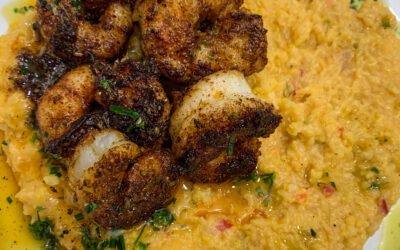 Blackened Shrimp with Pimento Cheese Polenta and Honey Lime Herb Oil