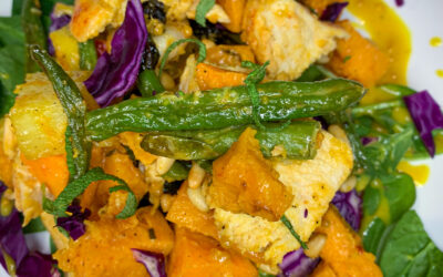 Sheet Pan Dinner: Warm Autumn Sweet Potato and Baked Chicken Salad with Spicy Mustard Dressing, Dried Cherries and Sage