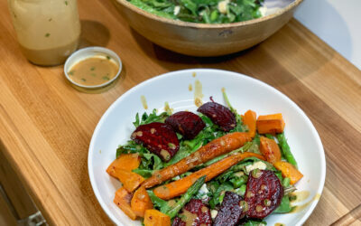 Plant-Based Power Bowl: roasted beet, sweet potato, & carrots, blanched asparagus, and mixed greens with a tahini chive vinaigrette