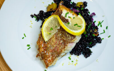 Pan Seared, Crispy Skin Redfish with Lemon Caper Beurre Blanc and Rainbow Forbidden Rice